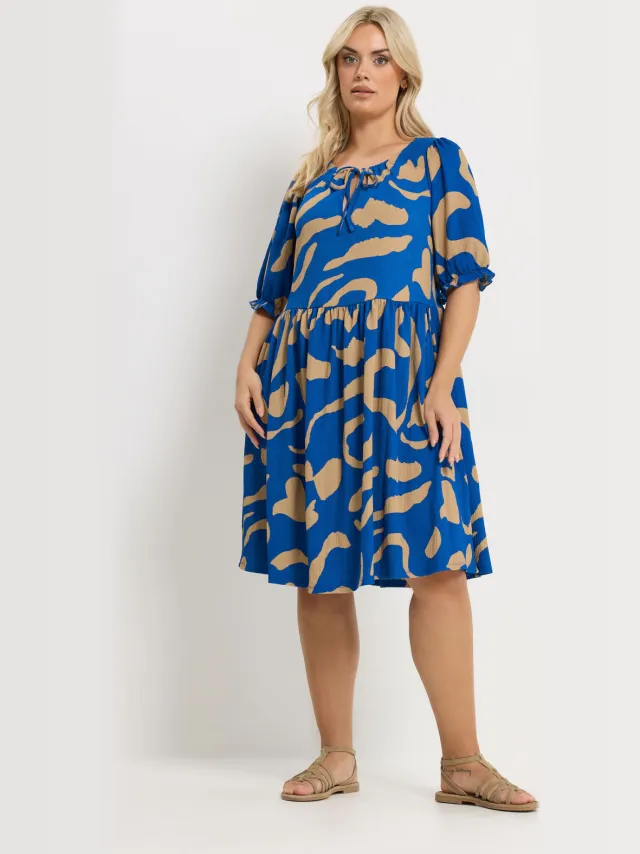 Yours Blauwe Abstracte Jurk Met Strik Aan De Voorkant Blue