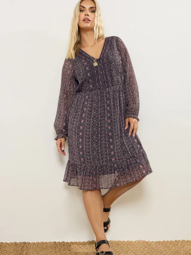 Yours Paarse Bloemen Paisley Smock Minijurk-52 Purple