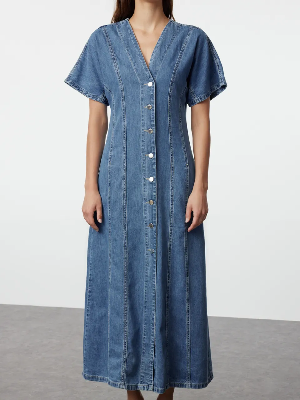 Trendyol TRENDYOLMİLLA Dames Blauw Effen Maxi Kort Casual Blousejurk Jurken, foto 2