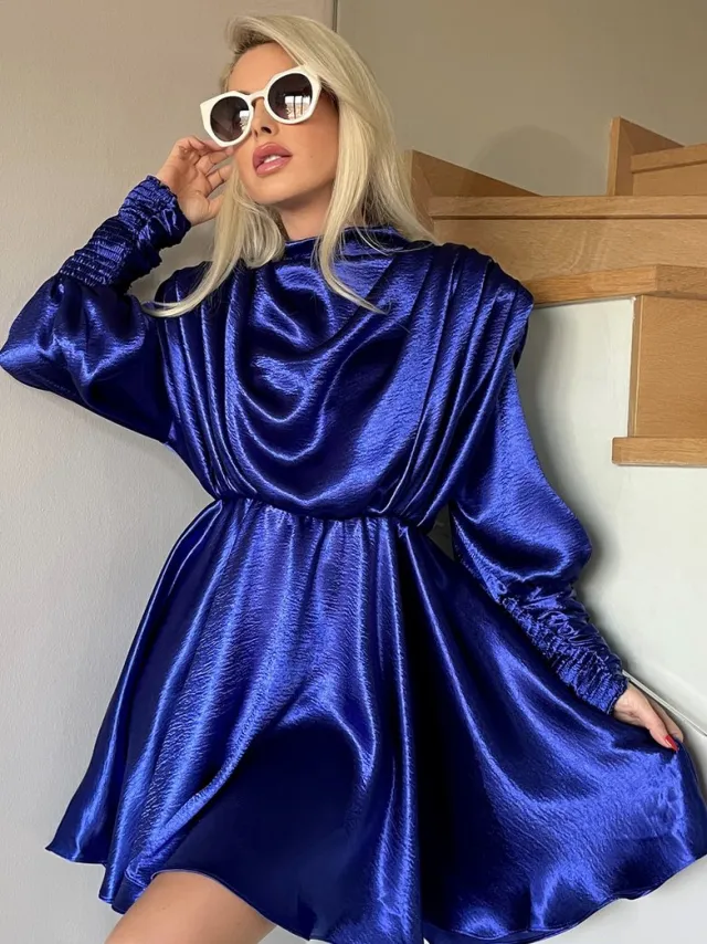 sirmaza Jurk/met schoudervulling/blauw/SIRMAZA