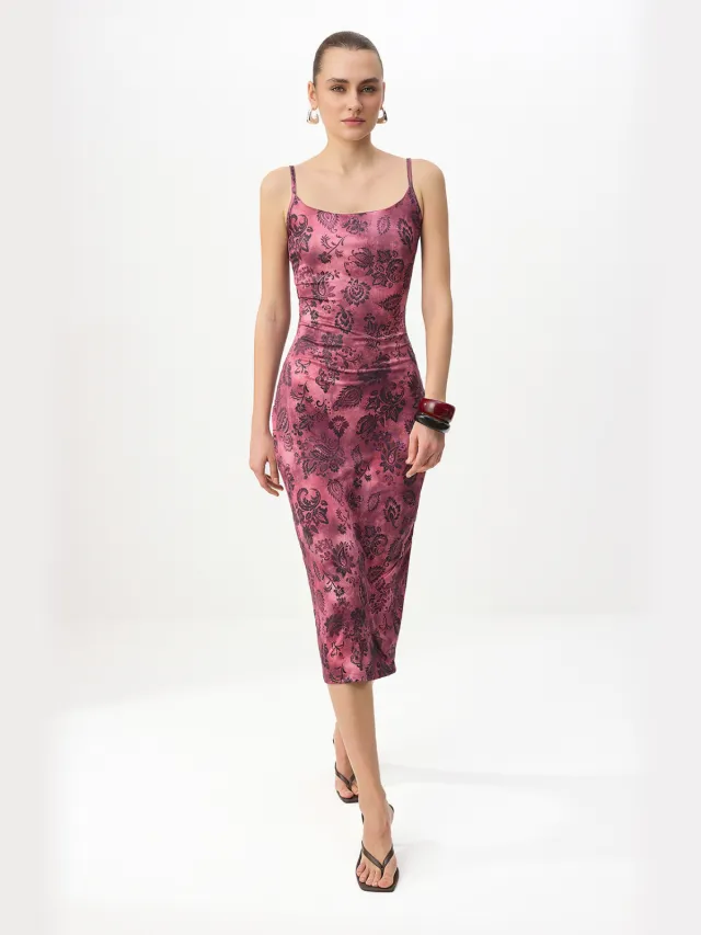 Trendyol TRENDYOLMİLLA Dames Paars Bloemen Maxi Mouwloos Bodycon Jurken Rood