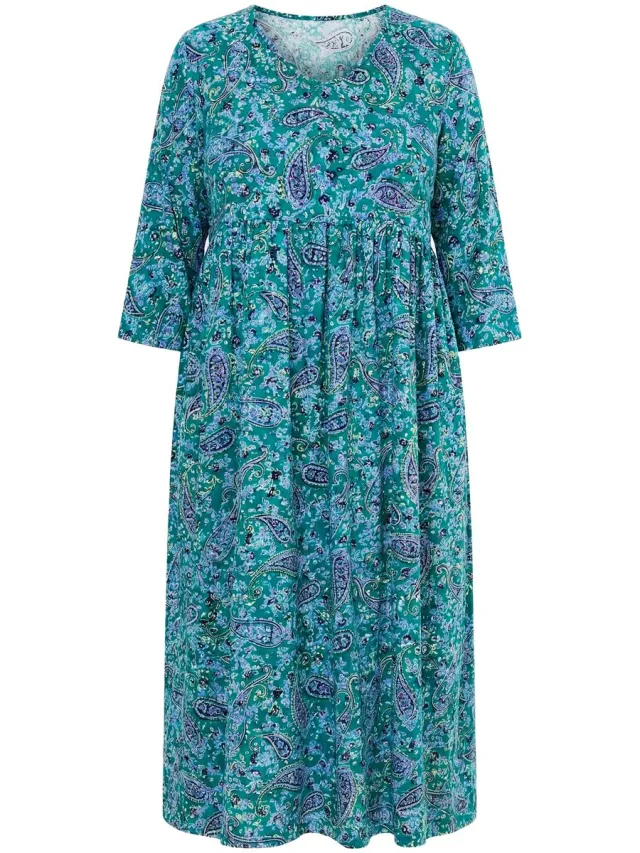 Ulla Popken Dames - Jersey jurk paisley A-lijn V-hals 3/4-mouwen - Smaragd - Maat 58+