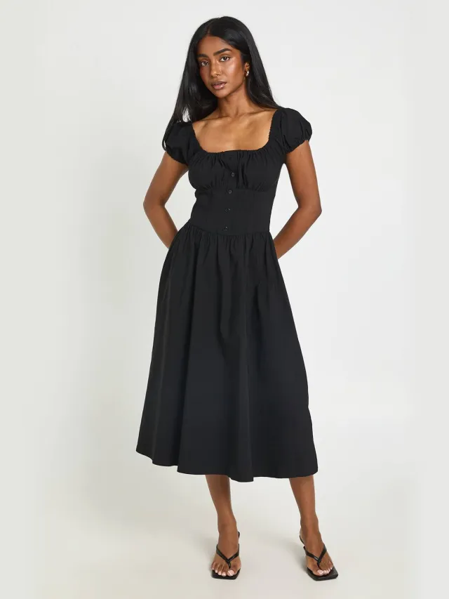 boohoo Dames Midaxi Jurk Met Volumemouwen En Melkmeisjeshals Zwart