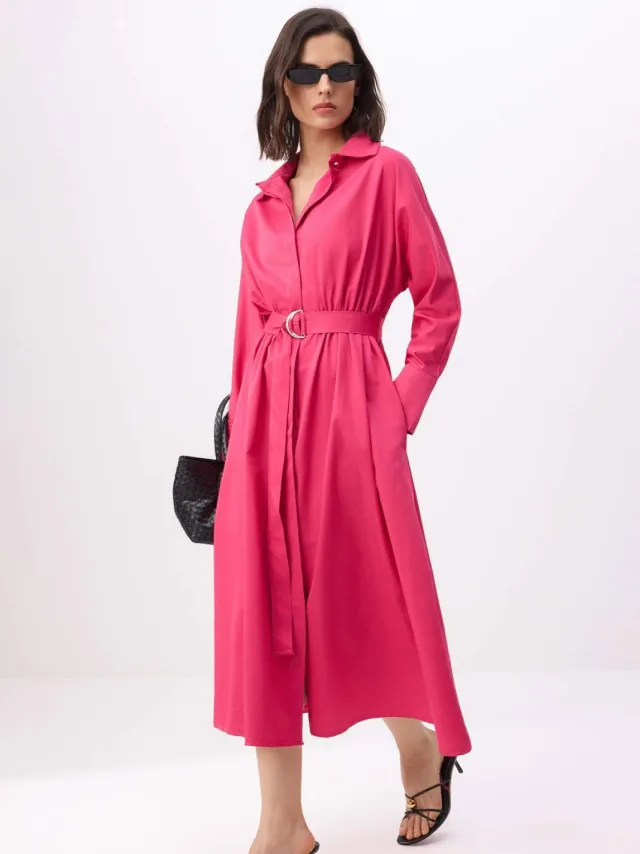 Trendyol TRENDYOLMİLLA Dames Bordeaux Effen Midi Lang Casual Blousejurk Jurken Bordeauxrood