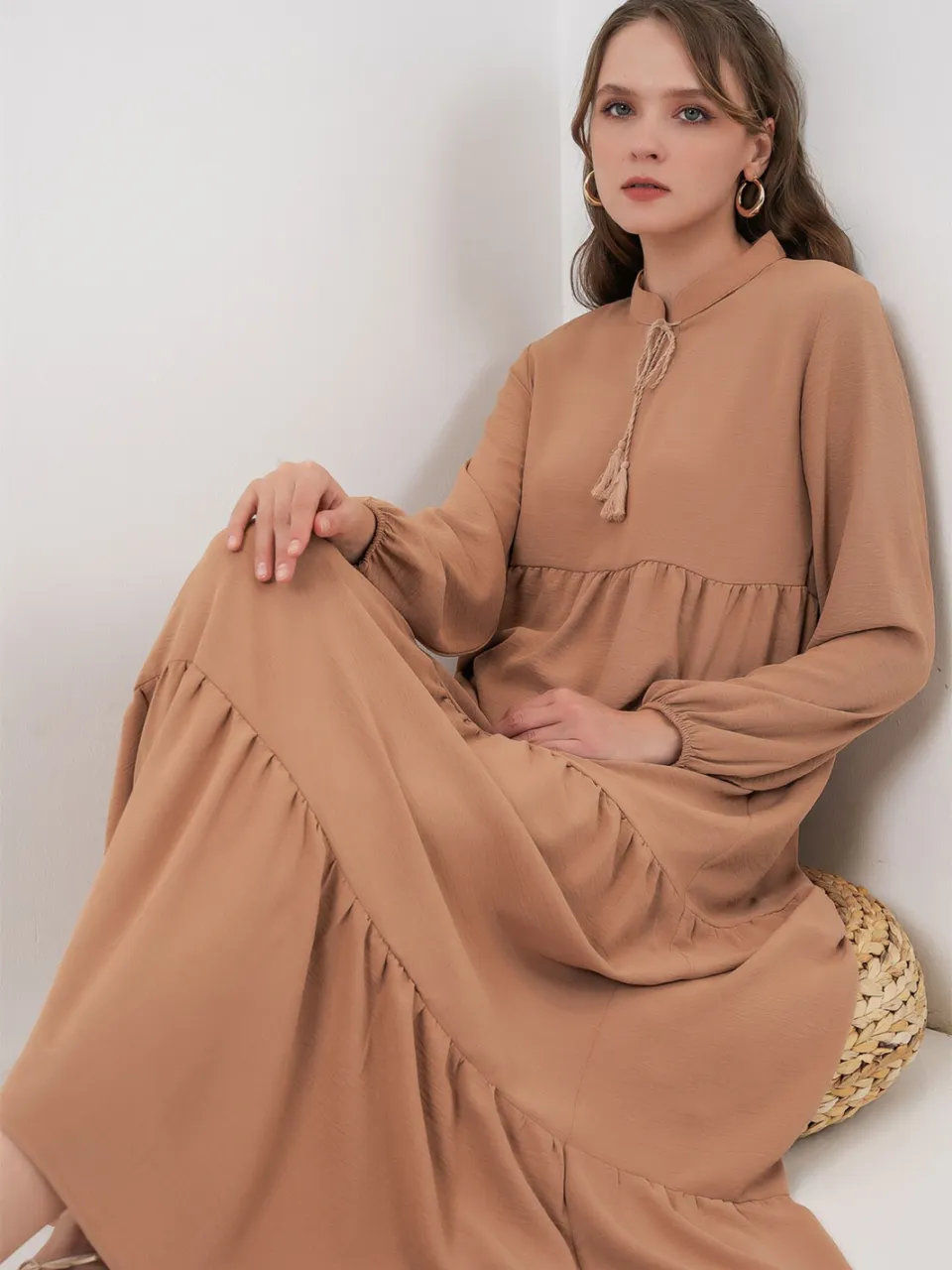 Big Dart Maxi-jurk met strikdetail beige, foto 2