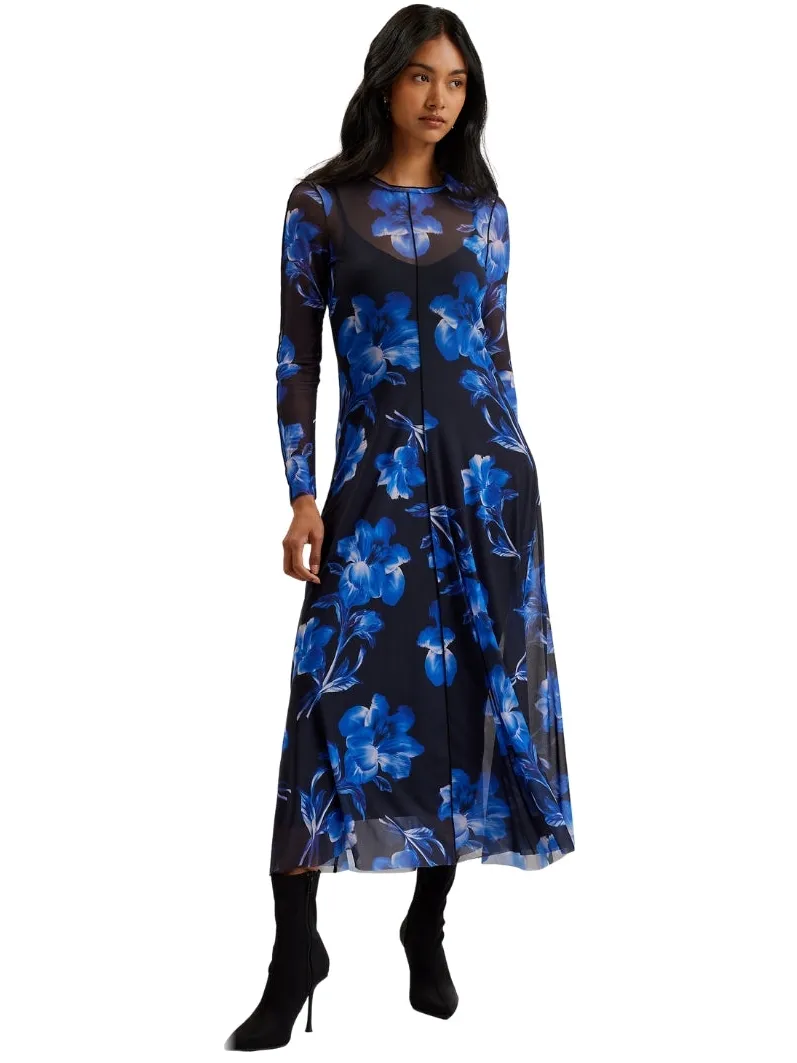 Ted Baker Rozeen Mesh Midi-jurk Met Lange Mouwen En Print In Blauw Donkerblauw