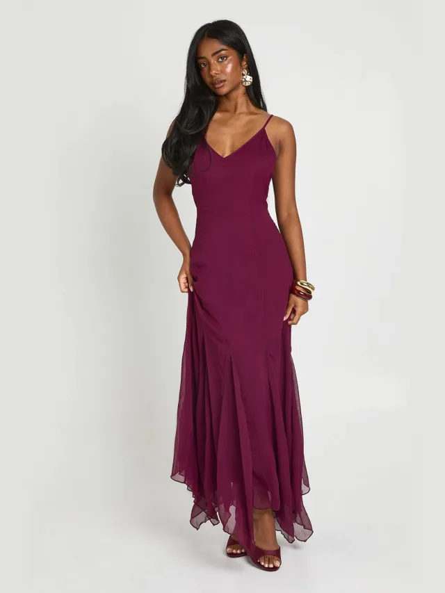 boohoo Dames Bandjes Cami Vloerlange Maxi Jurk Pruim