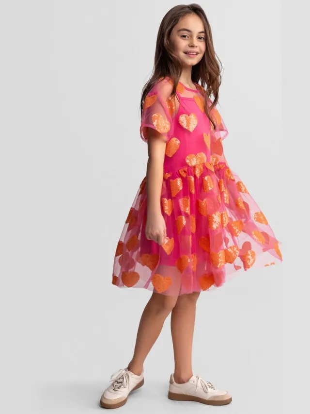 Minoti tule jurk meisjes met pailletten hartjes - feestjurk Roze