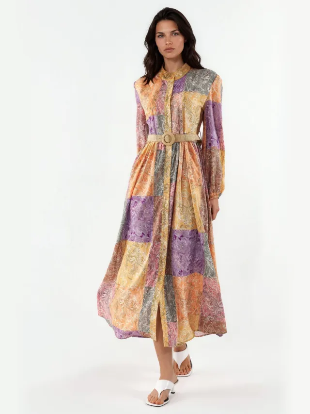 MSN Collection Gestrikte Geometrische Chiffon Maxi Jurk Veelkleurig