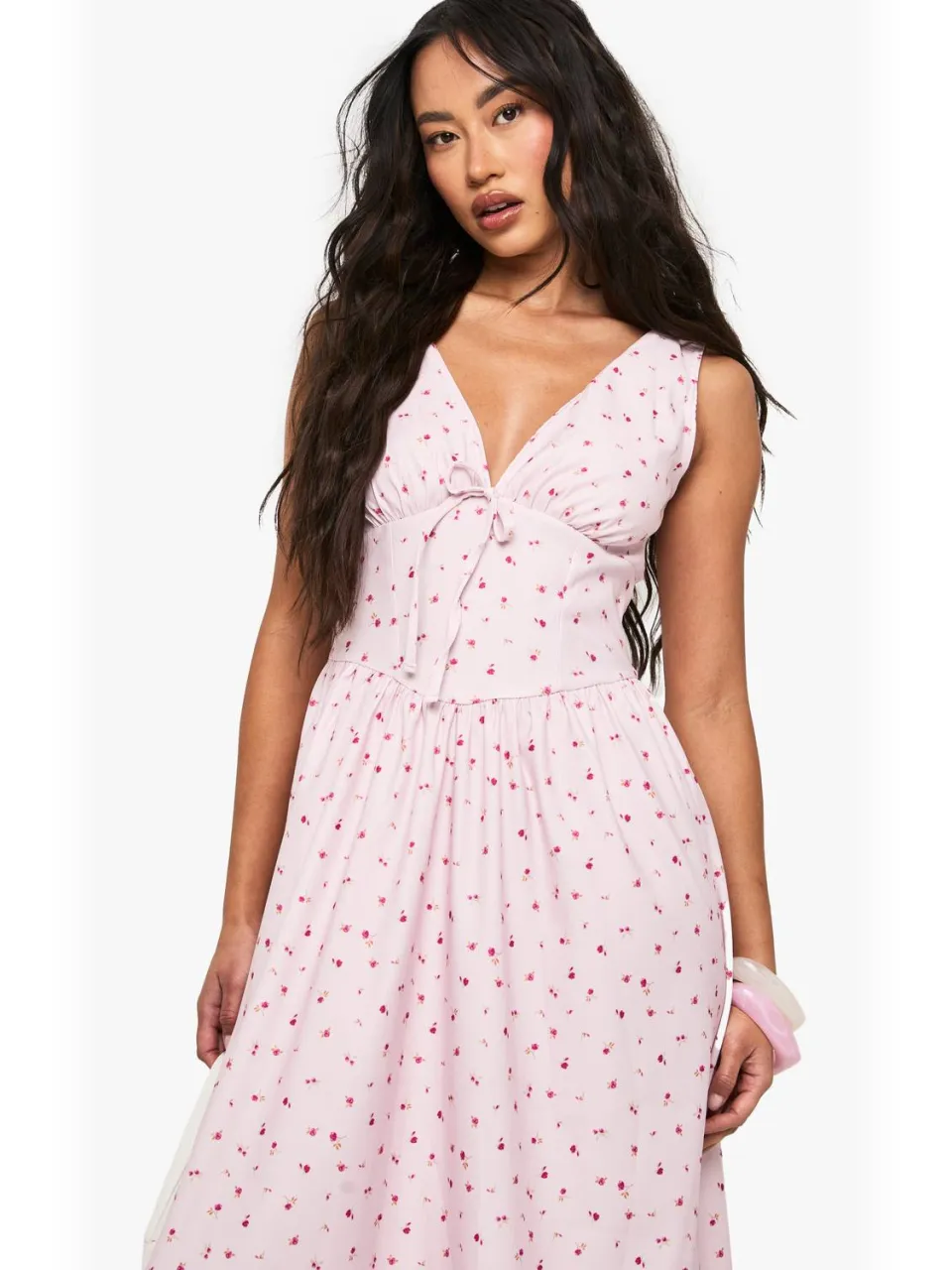 boohoo Dames Ditsy Bloemenprint Tie Front Milkmaid Midaxi Jurk roze, foto 3
