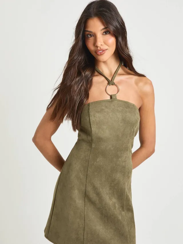 boohoo Dames Faux Suede Mini Jurk met Zilveren Bies Kaki