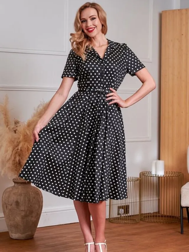 Banned Bella polka swing dress Dames Midi-jurk - zwart/wit