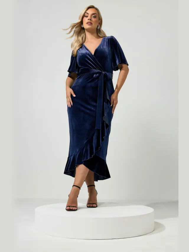 Yours London Marineblauwe Wikkeljurk Van Fluweel Blue