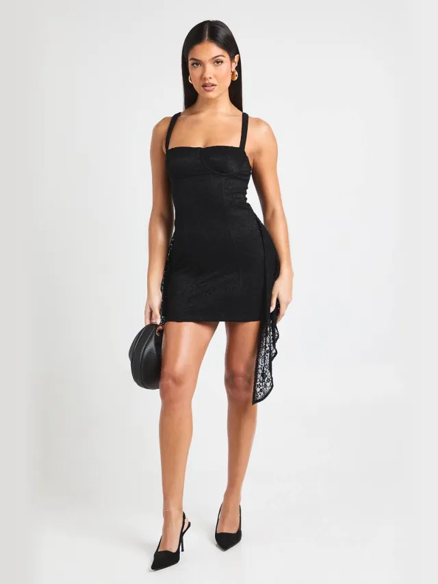 boohoo Dames Mini-jurk met kanten korsetdetail en strik in de taille Zwart