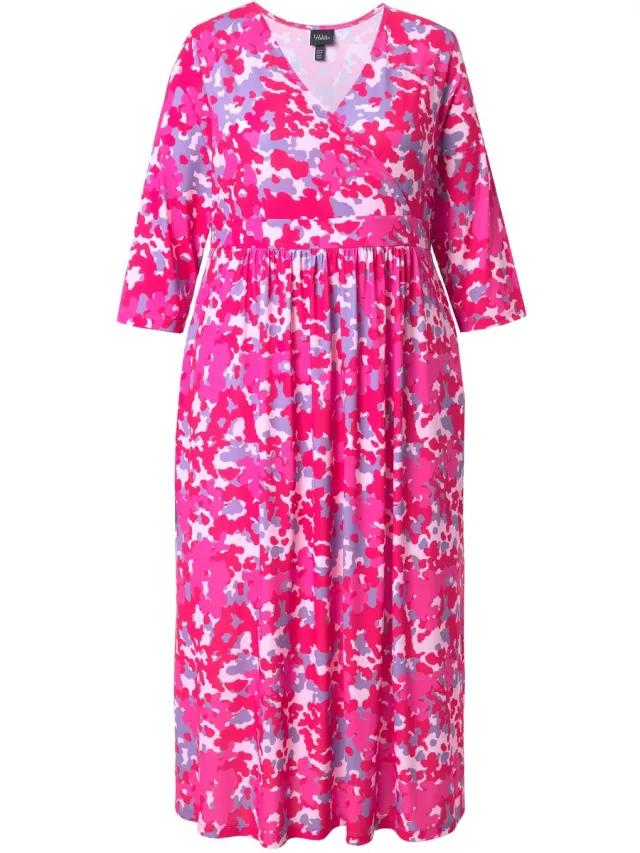 Ulla Popken Dames - Maxi-jurk wikkellook A-lijn V-hals 3/4-mouwen - Roze - Maat 62+