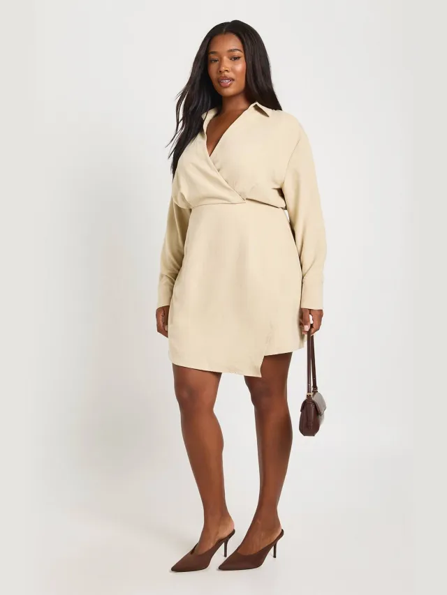 boohoo Dames Plus Gepluisde Kraag Wikkel Blousejurk Steen