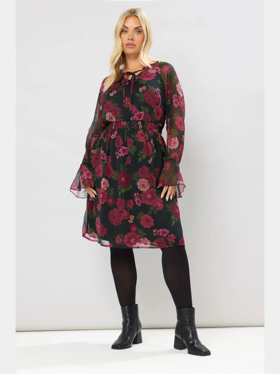 Yours Zwarte Midijurk Met Bloemenprint En Strikhals-68, foto 3