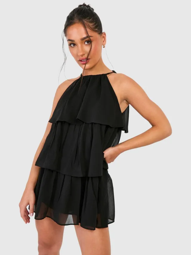 boohoo Dames Petite Chiffon Gelaagde Mini-Jurk Zwart