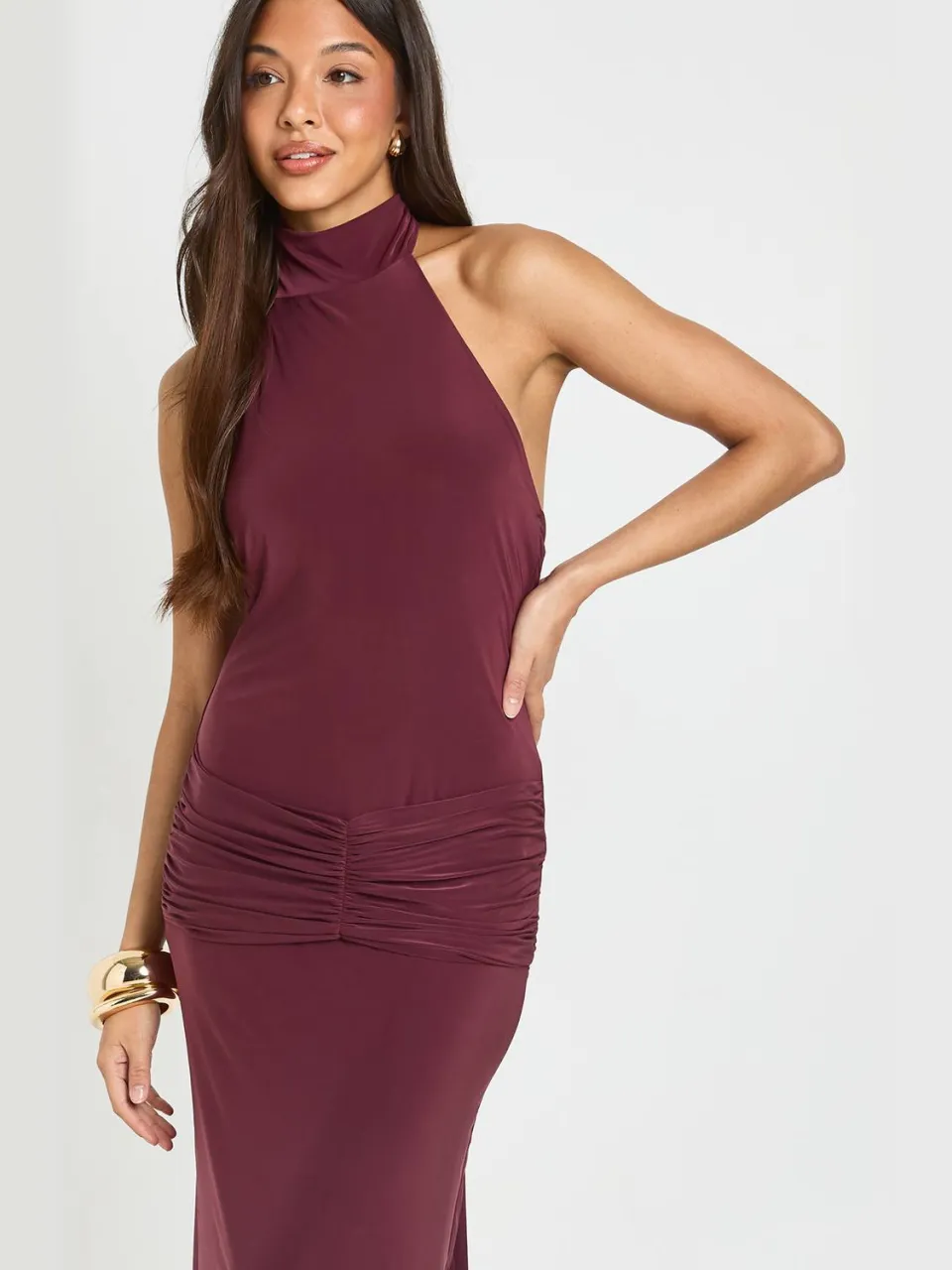boohoo Dames Maxi Kolomjurk Met Hoge Hals, Sjaaldetail En Wikkeldetail In De Taille pruim, foto 2