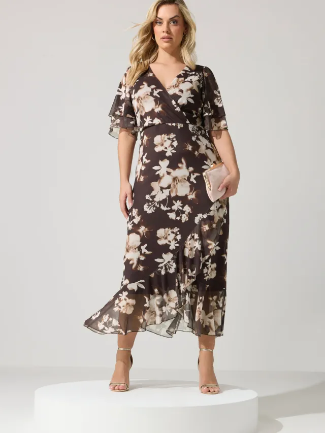 Yours London Chocoladebruine Wikkeljurk Met Vervaagde Bloemenprint Size Petite > 54-56 Brown