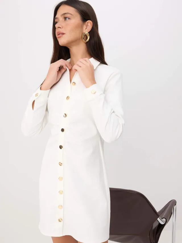 Trendyol TRENDYOLMİLLA Dames Ecru Effen Kort / Mini Lang Casual Blousejurk Jurken