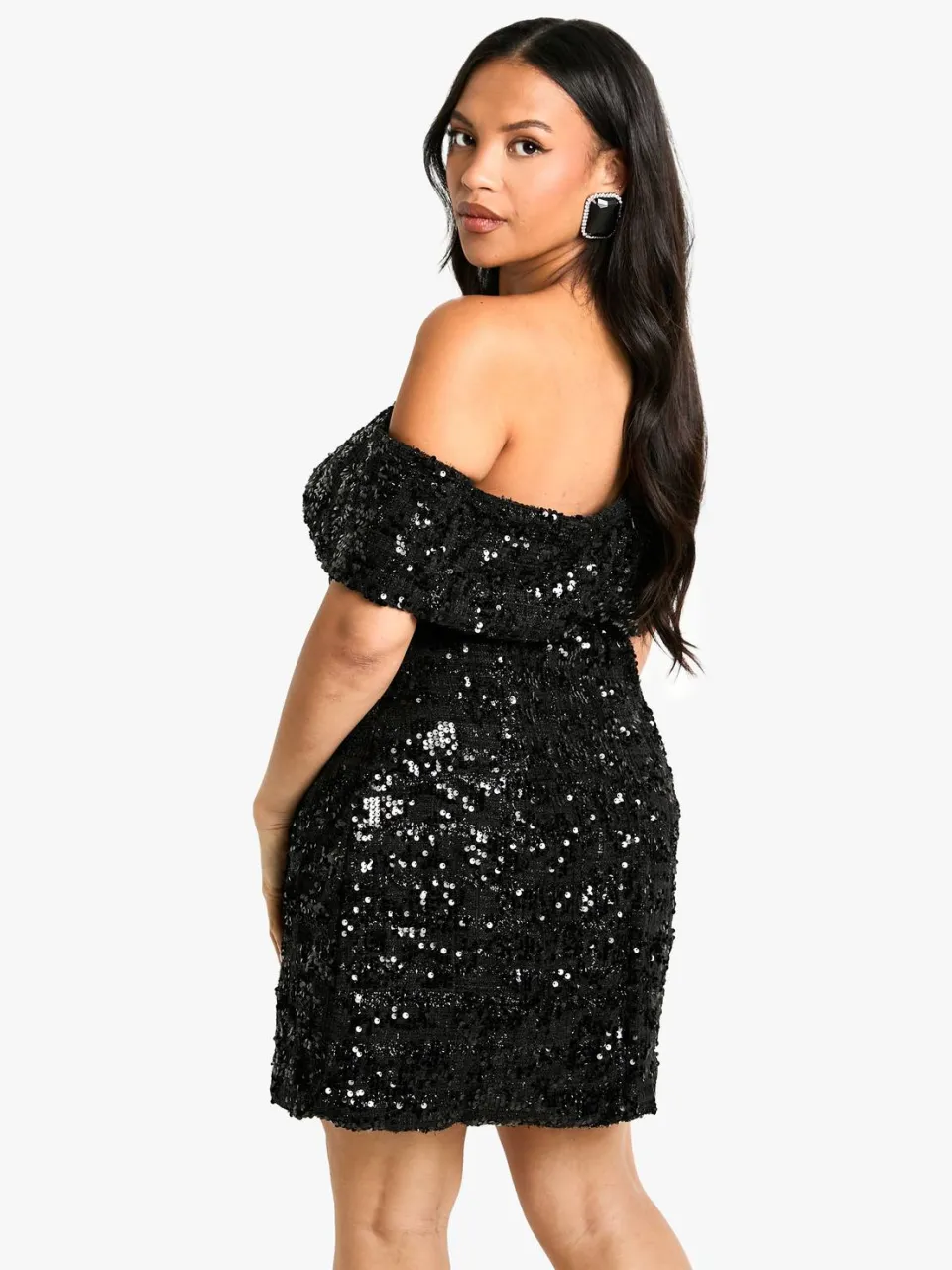 boohoo Dames Plus Off-Shoulder Boucle Shiftjurk zwart, foto 3