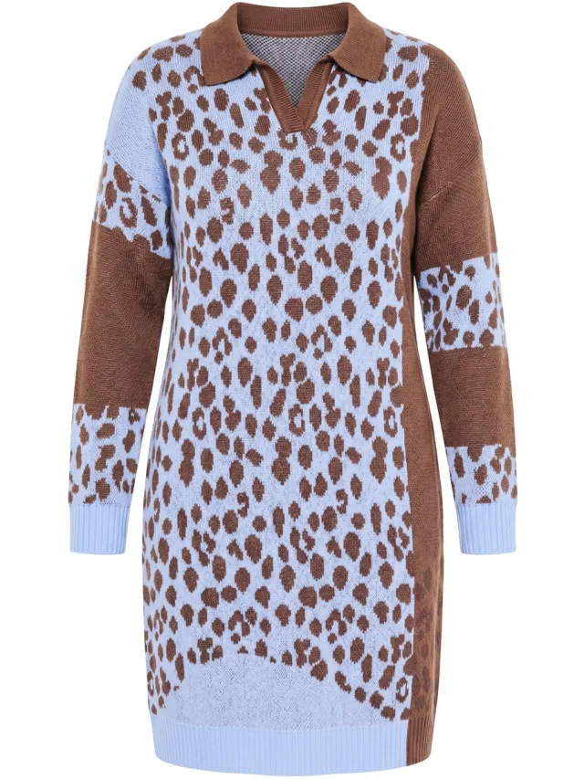 MIAMODA Dames - Gebreide jurk losse pasvorm motiefmix met luipaardprint - Ochtend blauw - Maat 50+