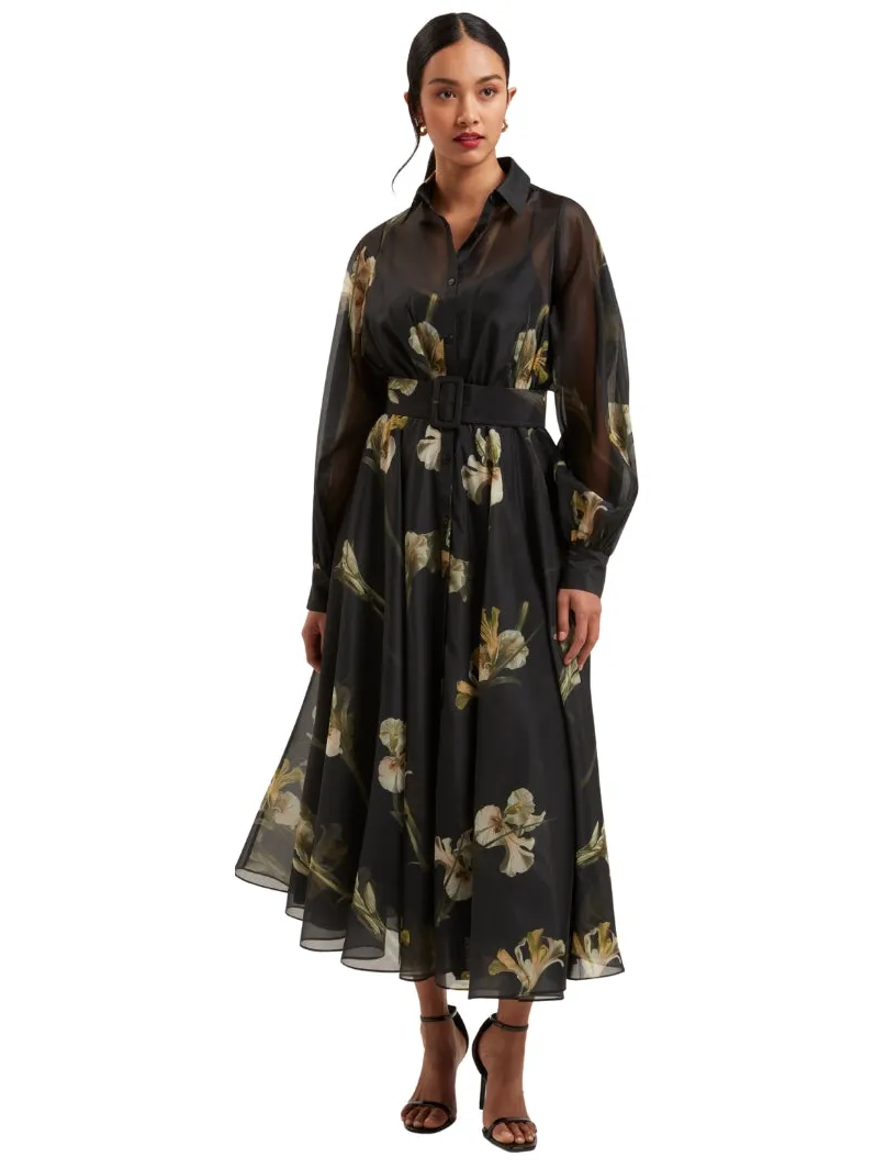 Ted Baker Liorra Zwarte Midi-jurk Van Bedrukte Organza Met Ceintuur