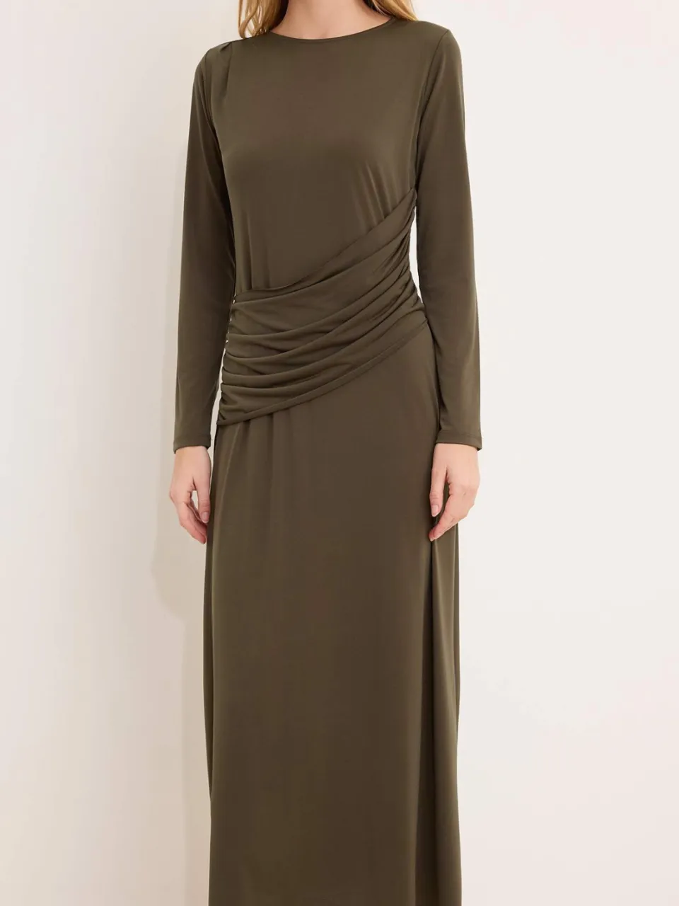 Turkishsouq Dames platte maxi lange chique/nacht bodycon hijab jurk kaki, foto 2