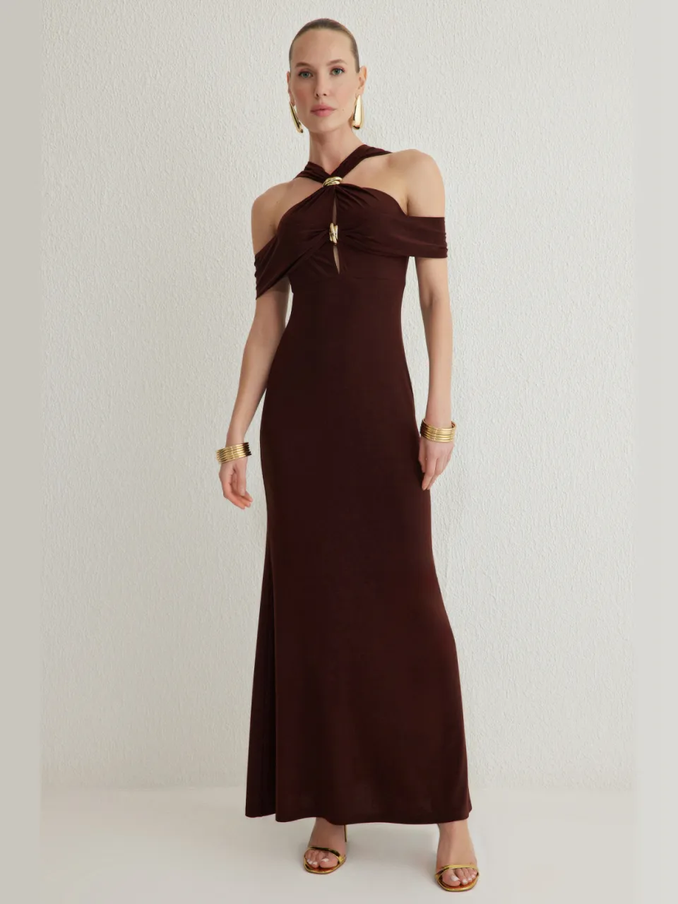 Trendyol TRENDYOLMİLLA Dames Bruin Effen Maxi Mouwloos Diploma-uitreiking / Gala A-lijn Avond & Gala Jurk