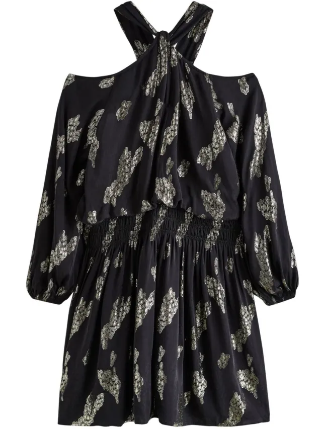 Next Dames - Mini-jurk met lange mouwen, open schouders en jacquardprint - Zwart Black/Gold Pattern