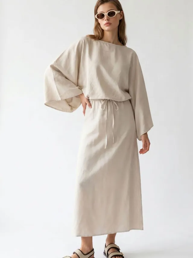Mixray Dames Effen Textuur Maxi Jurk Met Strikdetail Beige