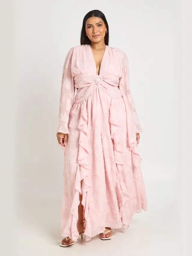boohoo Dames Plus Getextureerde Maxi Jurk Met Split En Cut-outs Stoffig Roze