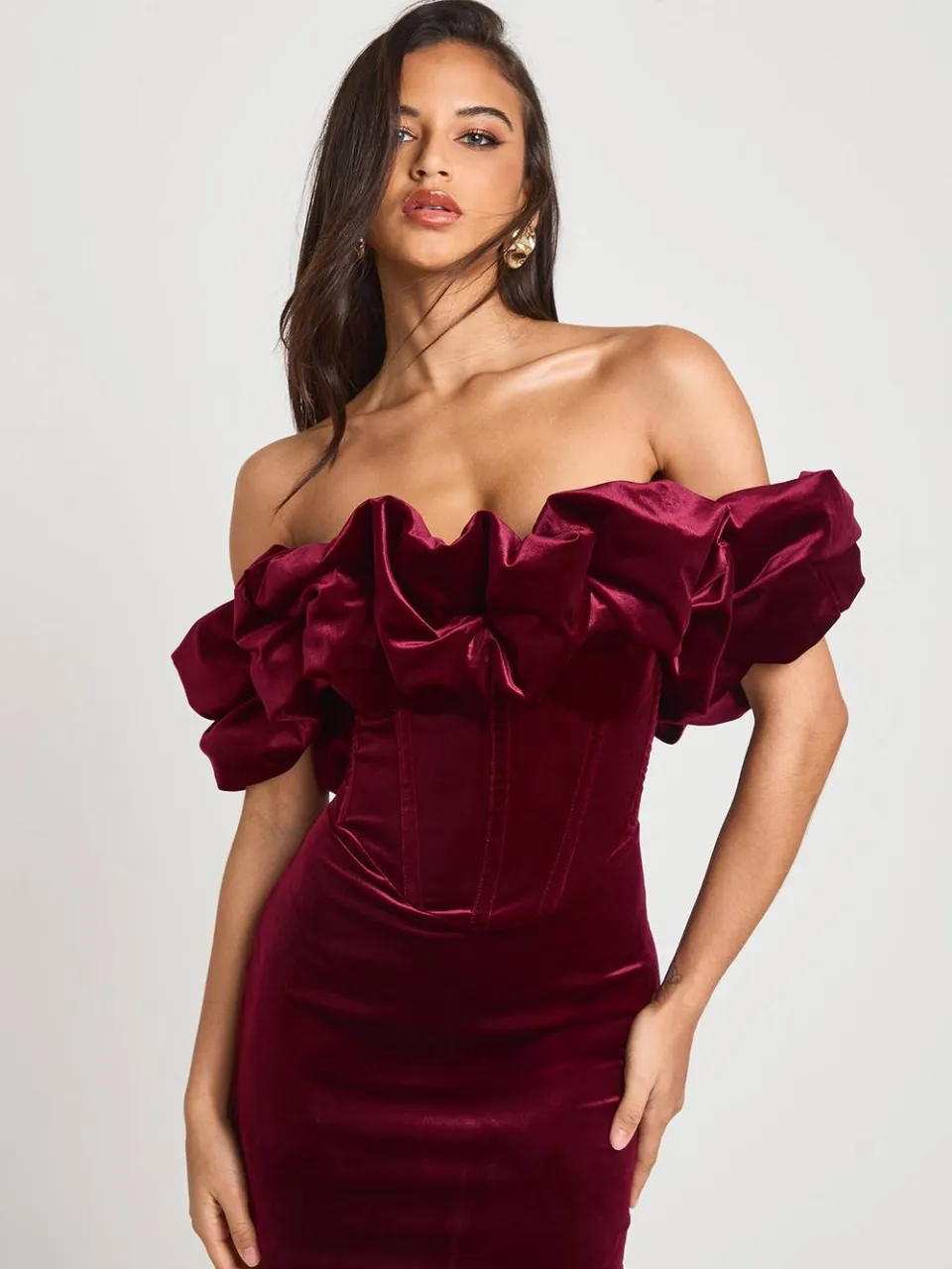 boohoo Dames Extreme Ruffle Fluweel Mini-jurk wijn, foto 3