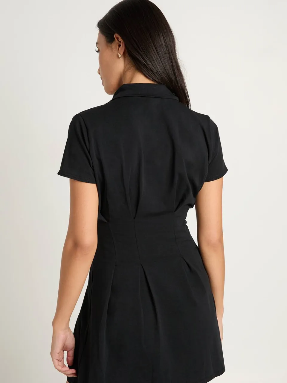 boohoo Dames Katoenen Geplooide Mini-jurk Met Kraag zwart, foto 3