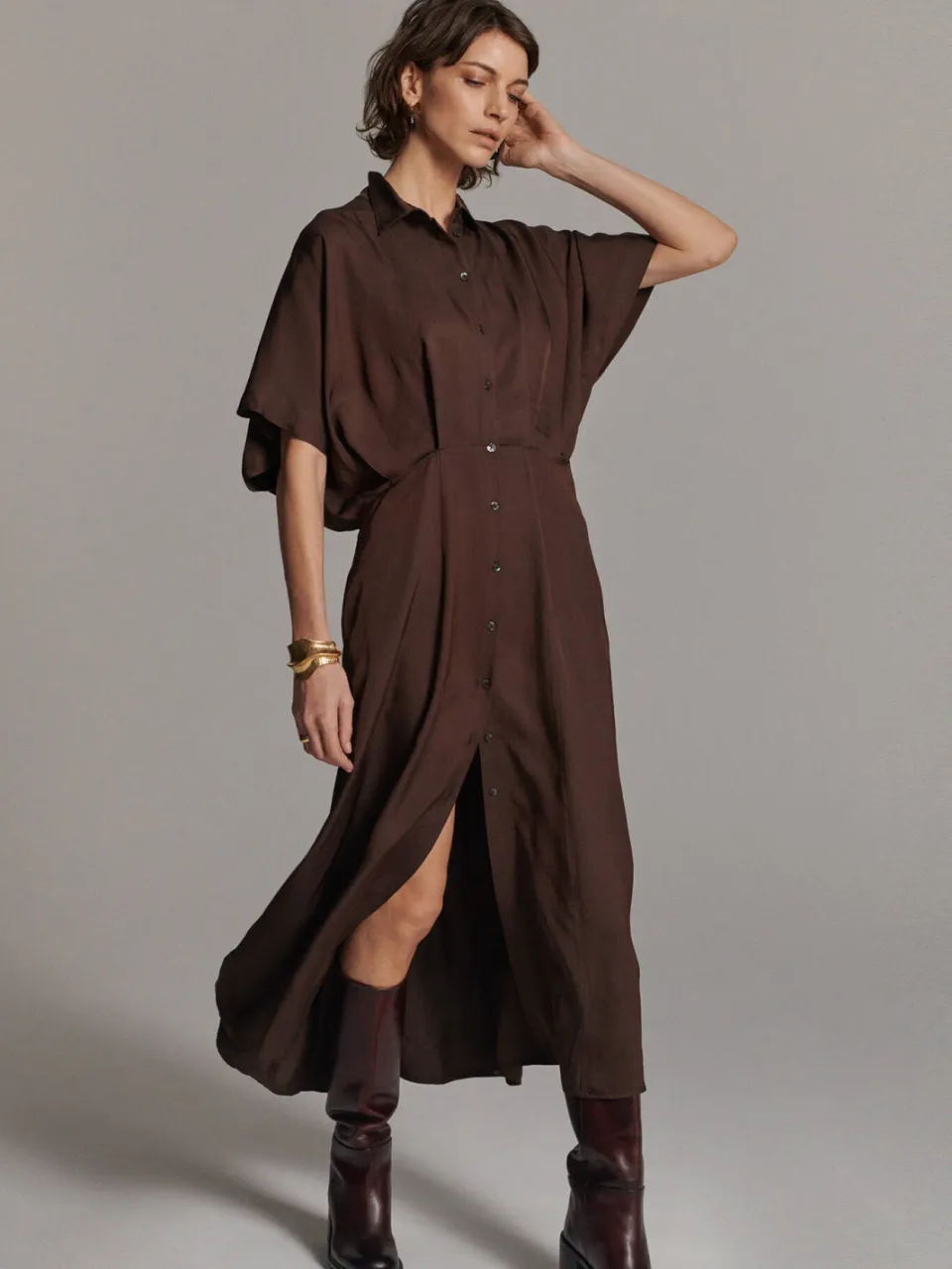Summum acetaat midi jurk - bruin
