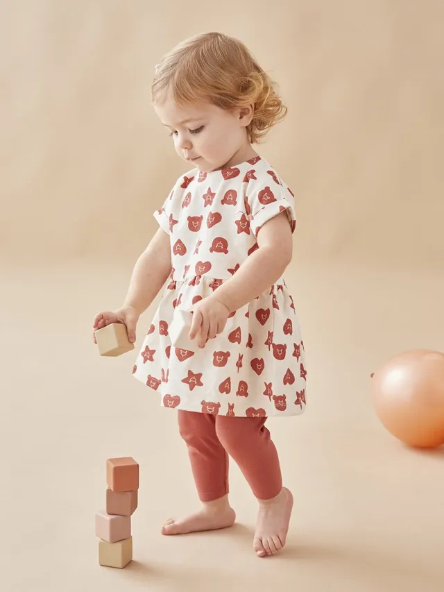 Noukie's jurk + legging - Rood ( roest ) met ecru - 1 maand 56 ecru /rood (roest )