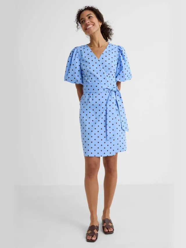 Ruby overslagjurk met pofmouwen blauw/bruin