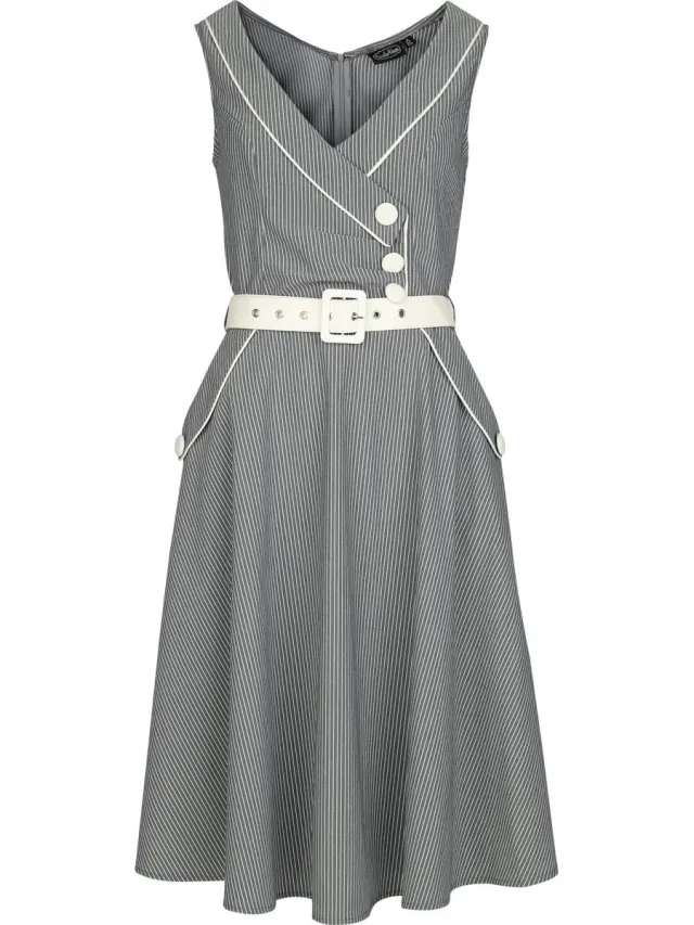 Voodoo Vixen Pinstripe Asymmetrical Button Flare Dress Dames Mini-jurk - grijs/wit grijs;wit