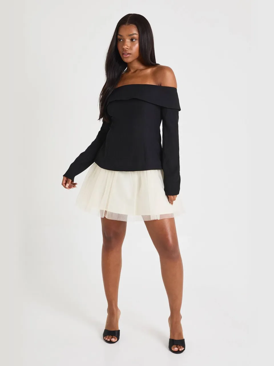 boohoo Dames Tulle Bardot Getailleerde Mini-jurk zwart, foto 3