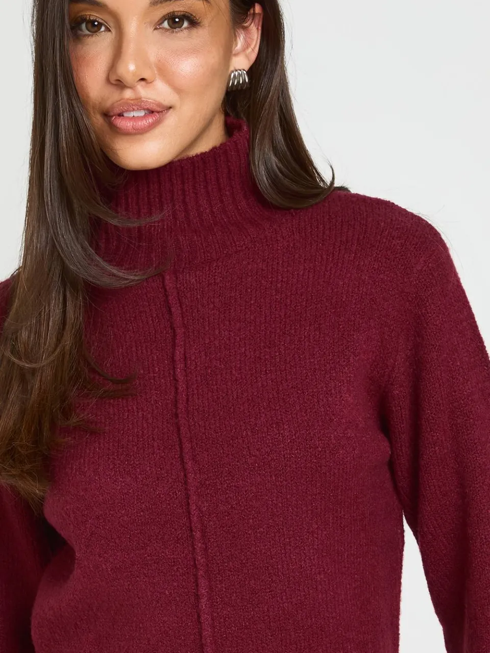 boohoo Dames Gebreide Mini-trui Jurk Met Hoge Hals En Naaddetail bordeaux rood, foto 3