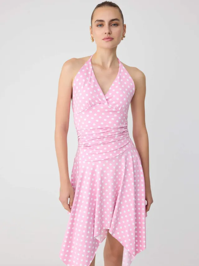 Trendyol TRENDYOLMİLLA Dames Roze Stippen Kort / Mini Mouwloos Asymmetrisch Jurken