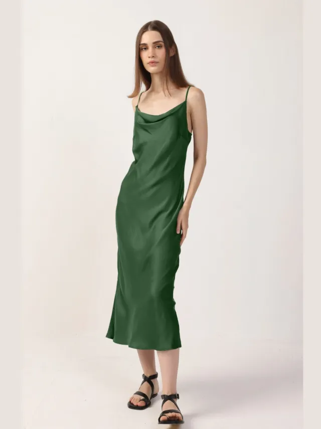 Neu Nomads dames vegan Midi Jurk Cowl Neck Mosgroen Donkergroen