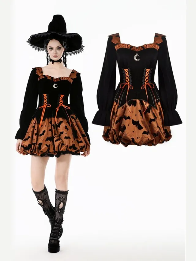 Dark In Love Midnight Bat & Pumpkin Halloween Korte jurk - S - Zwart/Oranje