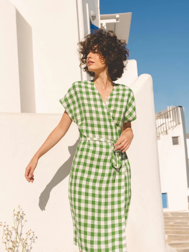 AmourLinen dames vegan Wikkeljurk Olivia Groen Gingham
