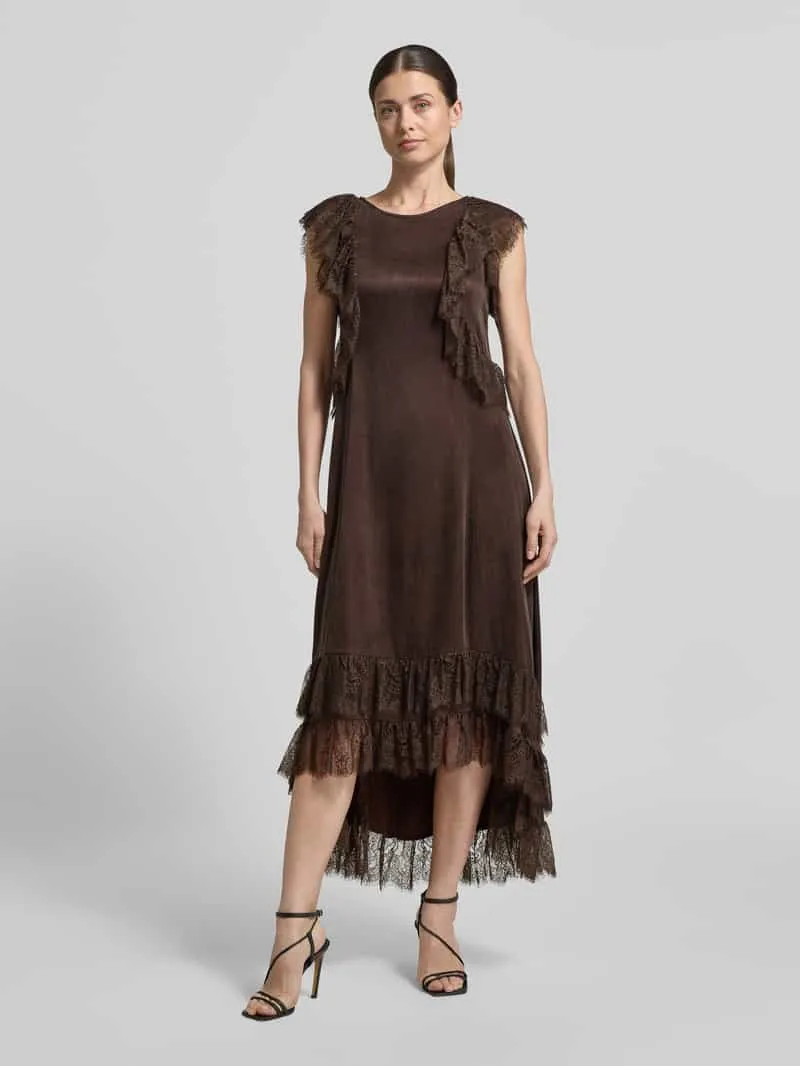 Cph Muse midi-jurk in asymmetrische look in colmodel met kant Chocoladebruin