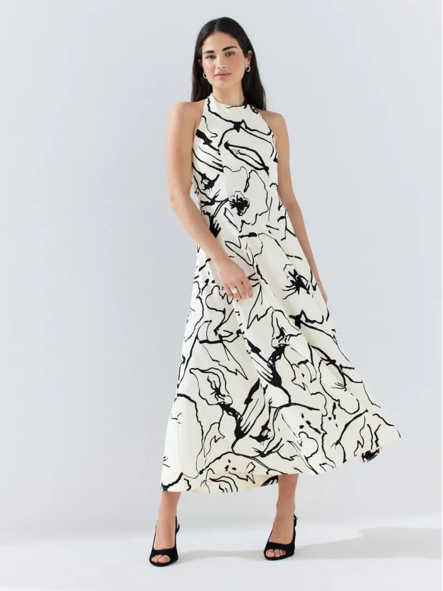 Next Dames - Halflange gelegenheidshalterjurk, petite - Petite - Wit White/Black Floral