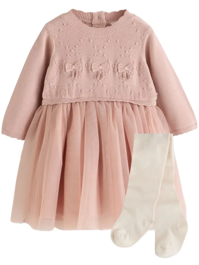 Next Meisjes - 2-delige gebreide babyset van jurk met mesh en maillot - Roze Pink