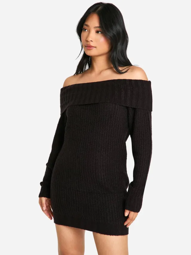boohoo Dames Petite Wide Rib Bardot-neklijn mini jumpersjurk Zwart