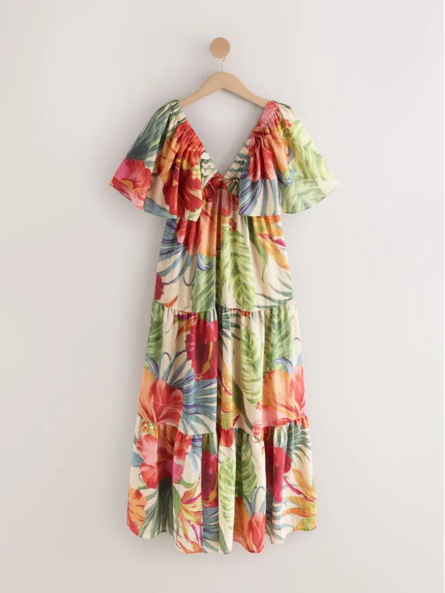 Next Dames - Lange jurk met pofmouwen - Tall - Crème Red Tropical